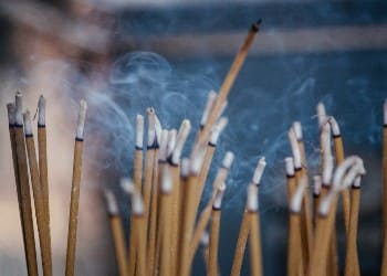 Close up view of incense sticks burning, giving off smoke